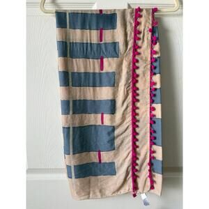 Gap NWT Tan Blue Geometric Scarf Wrap Pom Trim Cotton Blend Statement Festival